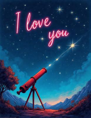 Primary subject: A telescope with a pink message "I love you" written on it.

Setting/background: The telescope is set against a backdrop of a night sky with stars.

Visual style: The image is a digital art or illustration.

Colors and mood: The image has a warm and romantic atmosphere, with the pink message and the night sky with stars creating a sense of love and wonder.