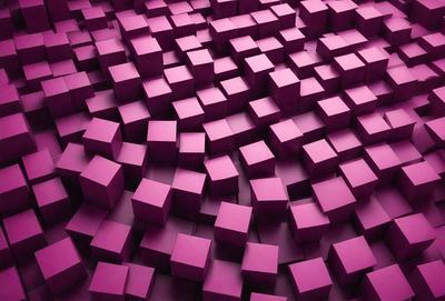 The primary subject of the image is a large, purple, three-dimensional grid made up of many small, square-shaped blocks. The setting is a purple background, which creates a visually striking contrast with the blocks. The visual style is a combination of digital art and illustration, giving the image a unique and artistic appearance. The dominant colors are purple and pink, creating a warm and inviting atmosphere.