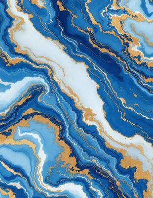 The primary subject of the image is a blue and gold marbled tile. The setting is a wall with the tile as the main object. The visual style is a close-up of the tile, showcasing its intricate design. The dominant colors are blue and gold, creating a luxurious and elegant atmosphere.