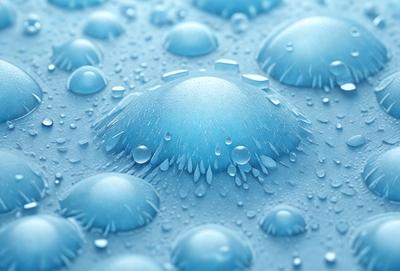 The primary subject of the image is a blue, bubbly surface, which appears to be a water-like substance. The setting is a blue background, and the visual style is a digital art or illustration. The dominant colors are blue and white, creating a calm and serene atmosphere.