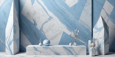 The primary subject of the image is a marble table with three white vases on it. The setting is a room with a blue and white marble wall, which serves as the background. The visual style is a photo, capturing the details of the vases and the marble table. The colors and mood of the image are predominantly blue and white, creating a clean and elegant atmosphere.