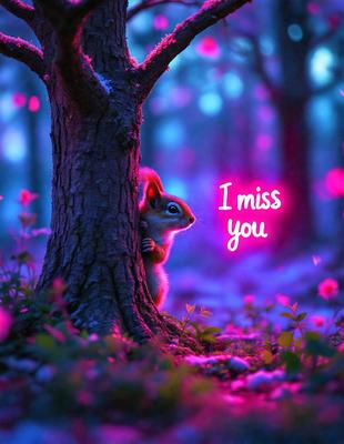 The primary subject of the image is a small, cute animal, possibly a squirrel, sitting in a tree. The setting is a forest with a pinkish glow, creating a unique and whimsical atmosphere. The visual style appears to be a combination of photo and digital art, as the animal is depicted in a surreal and artistic manner. The colors and mood of the image are predominantly pink, giving it a dreamy and enchanting quality.