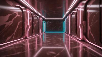 The primary subject of the image is a hallway with a marble floor. The setting is a dark room with a pink and purple lighting, creating a unique atmosphere. The visual style is a combination of photo and digital art, giving the scene a futuristic and surreal appearance. The dominant colors are pink, purple, and black, which contribute to the overall mood of the image.