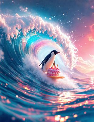 The primary subject of the image is a penguin riding a surfboard on a wave. The setting is a colorful ocean with a pink and blue color scheme. The visual style is a digital art or illustration, creating a whimsical and playful atmosphere. The penguin is the main focus of the image, and it appears to be enjoying its time on the surfboard.