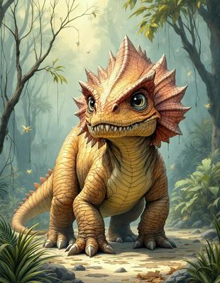 The primary subject of the image is a large, colorful, and cartoonish dinosaur with a spiky head, standing on a dirt road. The dinosaur appears to be a mix of a lizard and a dragon, with a distinctive spiky head and a long tail. The setting is a forest, with trees and foliage surrounding the dinosaur. The visual style of the image is a digital art or illustration, with a vibrant and whimsical color palette. The overall atmosphere of the image is playful and imaginative, showcasing the unique and fantastical nature of the dinosaur.