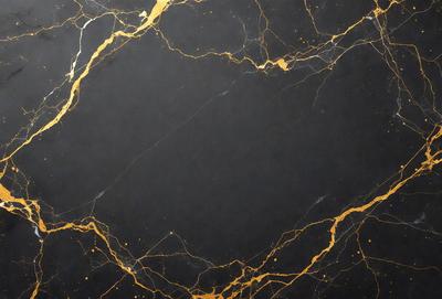 The primary subject of the image is a black marble countertop with gold veins running through it. The setting is a kitchen, and the visual style is a close-up of the marble countertop. The colors and mood of the image are predominantly black and gold, creating a luxurious and elegant atmosphere.