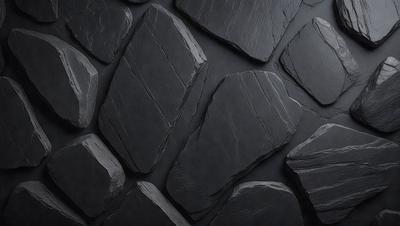 The primary subject of the image is a large black rock. The setting is a black background, which creates a striking contrast with the rock. The visual style is a close-up of the rock, showcasing its texture and details. The colors and mood of the image are dark and dramatic, emphasizing the rock's natural beauty.