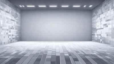 The primary subject of the image is a large, empty stage with a gray background. The setting is a theater or performance space, and the visual style is a combination of photo and digital art. The colors and mood of the image are predominantly gray and neutral, creating a sense of emptiness and anticipation for the upcoming performance.