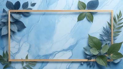 The primary subject of the image is a marble wall with a gold frame. The setting is a bathroom, and the visual style is a photo. The dominant colors are blue and gold, creating a luxurious and elegant atmosphere.