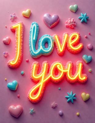 The primary subject of the image is a neon sign that reads "I love you." The sign is displayed on a pink background, which adds a warm and romantic touch to the scene. The visual style of the image is a combination of digital art and illustration, creating a unique and eye-catching design. The dominant colors in the image are pink and neon, which evoke feelings of love and affection.
