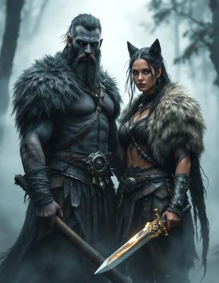 The primary subject of the image is a man and a woman, both dressed in medieval-style clothing, standing together in a dark, foggy forest. The setting includes trees and a forest-like environment. The visual style appears to be a digital art or illustration, with a focus on the characters and their surroundings. The colors and mood of the image are dark and mysterious, with the foggy forest adding to the overall atmosphere.