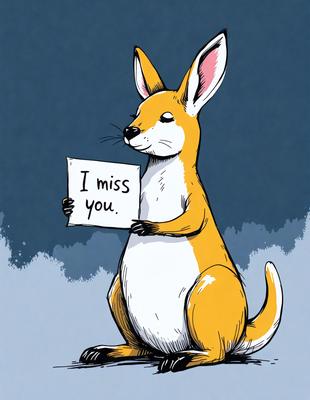 The primary subject of the image is a cartoon kangaroo holding a sign that reads "I miss you." The setting is a dark background, and the visual style is a comic illustration. The dominant colors are yellow and black, creating a warm and friendly atmosphere.
