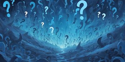 The primary subject of the image is a large number of blue and white question marks floating in a blue background. The setting appears to be a vast, open space with a starry background. The visual style is a combination of digital art and illustration, creating a unique and intriguing scene. The dominant colors are blue and white, with the blue background providing a sense of depth and the white question marks contrasting against it. The overall atmosphere is one of curiosity and wonder, as the viewer is drawn into the vast expanse of the image.