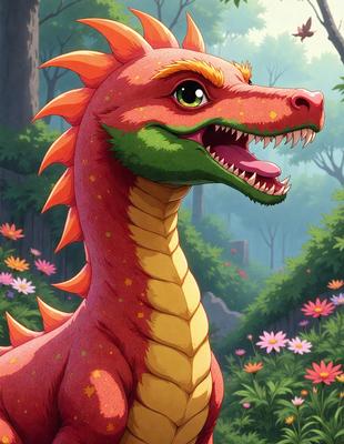 The primary subject of the image is a large, colorful dragon with a green and red head. The dragon is standing in a forest, surrounded by trees and flowers. The visual style of the image is a digital art or illustration, giving it a vibrant and lively appearance. The dominant colors in the image are red and green, creating a bold and eye-catching scene.