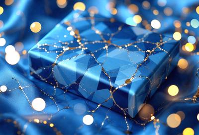 The primary subject of the image is a blue box with gold glittery stars on it. The box is placed on a blue background, which adds to the overall visual style. The colors and mood of the image are predominantly blue and gold, creating a warm and festive atmosphere.