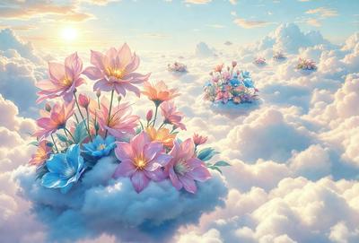 The primary subject of the image is a beautiful bouquet of flowers floating in a cloudy sky. The setting is a whimsical, dreamy environment with clouds and a blue sky. The visual style is a digital art or illustration, creating a vibrant and lively atmosphere. The colors are predominantly blue and pink, with the flowers adding a touch of yellow. The overall mood is one of joy, freedom, and imagination.