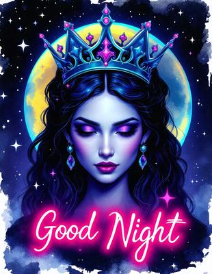 Good Night: A beautiful, blue-haired woman wearing a crown is the primary subject of the image. The setting is a night sky, with a moon visible in the background. The visual style is a digital art illustration, featuring a vibrant color palette and a sense of fantasy. The overall atmosphere is serene and peaceful, as the woman appears to be resting or sleeping under the moonlight.