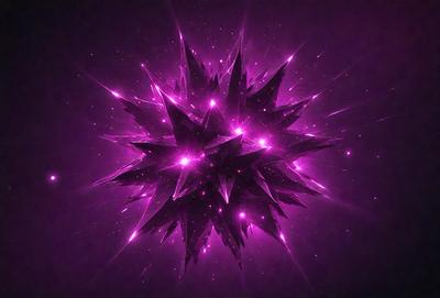 The primary subject of the image is a purple, three-dimensional geometric shape, which appears to be a crystal or a cluster of crystals. The setting is a dark background, which contrasts with the bright purple color of the geometric shape. The visual style of the image is a combination of digital art and illustration, creating a unique and eye-catching design. The dominant colors in the image are purple and black, giving the overall atmosphere a sense of mystery and intrigue.