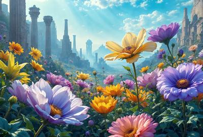 Primary subject: Flowers
Setting/background: A field with a backdrop of a city
Visual style: Digital art
Colors and mood: The flowers are bright and colorful, creating a cheerful and vibrant atmosphere.