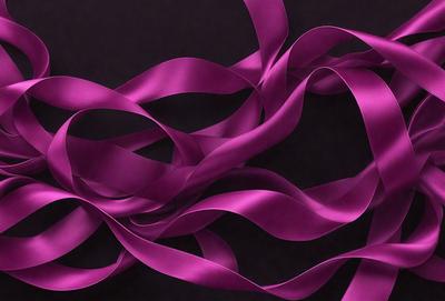 The primary subject of the image is a purple ribbon. The ribbon is wound around itself, creating a swirling pattern. The setting is a dark background, which contrasts with the vibrant purple color of the ribbon. The visual style is a close-up of the ribbon, showcasing its intricate pattern. The colors and mood of the image are predominantly purple, giving it a calm and elegant appearance.