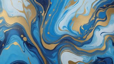 The primary subject of the image is a painting featuring a blue and gold color scheme. The setting is a canvas, and the visual style appears to be a mix of digital art and illustration. The dominant colors are blue and gold, creating a serene and elegant atmosphere.