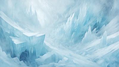 The primary subject of the image is a large, icy mountain with a blue tint. The setting is a snowy, icy landscape, and the visual style is a digital art or illustration. The dominant colors are blue and white, creating a cold and icy atmosphere.