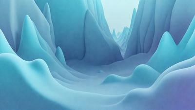 The primary subject of the image is a large, blue, and white mountain. The setting is a vast, snowy landscape with a mountain range in the background. The visual style is a digital art or illustration, creating a sense of depth and intricacy in the mountainous terrain. The dominant colors are blue and white, giving the scene a serene and majestic atmosphere.