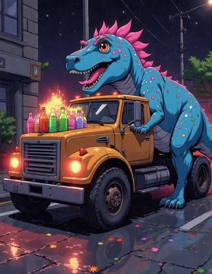 The primary subject of the image is a cartoon dinosaur, specifically a blue and pink T-Rex, driving a yellow truck. The setting is a city street at night, with a fire visible in the background. The visual style is a comic or cartoon illustration, giving the scene a playful and whimsical atmosphere. The dominant colors are blue, pink, and yellow, with the fire adding a touch of red.