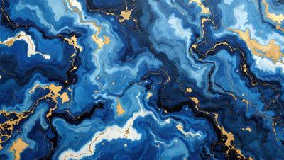 The primary subject of the image is a blue and gold painting, featuring a blue background with gold accents. The setting is a painting, and the visual style is a mix of digital art and illustration. The dominant colors are blue and gold, creating a serene and calming atmosphere.