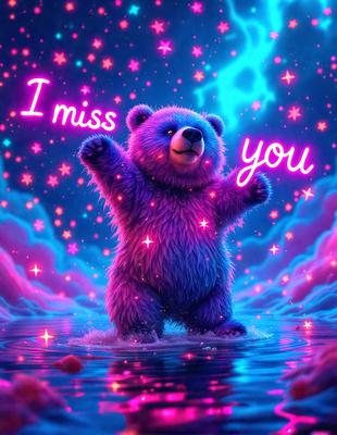 The primary subject of the image is a large, colorful teddy bear. The bear is standing in a body of water, possibly a lake, with a purple and blue color scheme. The setting appears to be a nighttime scene with a starry background. The visual style of the image is a digital art or illustration, creating a whimsical and playful atmosphere.