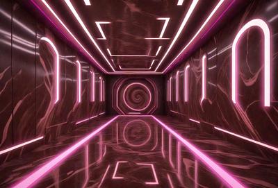 The primary subject of the image is a hallway with a spiral pattern on the floor. The setting is a room with a marble floor, and the visual style appears to be a combination of photo and digital art. The colors and mood of the image are predominantly pink, creating a warm and inviting atmosphere.