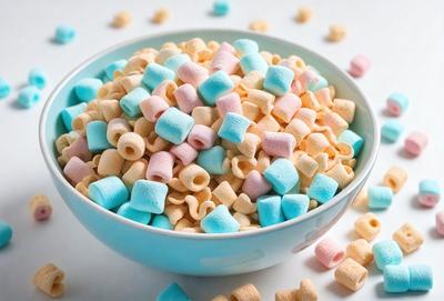 The primary subject of the image is a bowl filled with colorful cereal, including marshmallows and other cereal pieces. The bowl is placed on a white surface, which serves as the setting for the scene. The visual style of the image is a close-up of the bowl, showcasing the cereal's vibrant colors and textures. The overall atmosphere of the image is cheerful and inviting, as the cereal appears to be a popular and enjoyable breakfast choice.