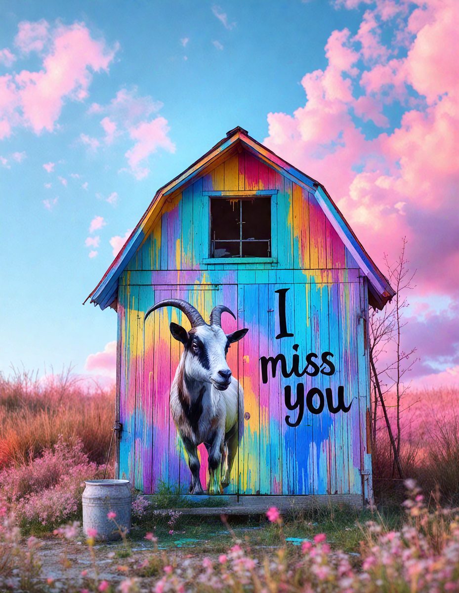 The image features a colorful barn with a goat painted on it. The barn is situated in a colorful, picturesque setting with a colorful background. The barn is decorated with a colorful mural, featuring a colorful background with a colorful goat painting on it. The goat is visible in the background, indicating that the barn is a place of worship. The goat is positioned in the middle of the barn, with its head facing the viewer. The goat is positioned in the middle of the barn, with its head facing the viewer. The goat is positioned in