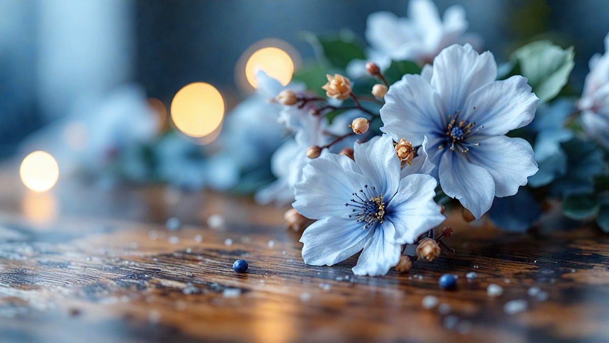 The image features a group of blue flowers on a wooden table, surrounded by candles. The flowers are arranged in a cluster, with some of them positioned closer to the camera. The flowers are arranged in a natural, elegant style, with a natural, rustic feel. The flowers are arranged in a cluster, with some of them positioned closer to the camera. The flowers are arranged in a natural, elegant style, with a natural, rustic feel.