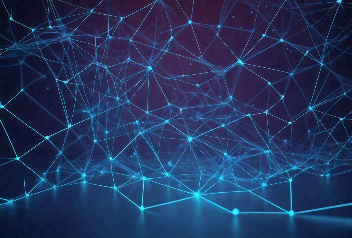 The image features a dark background with a blue background and a colorful, abstract background. The background is composed of a network of blue lines, which are arranged in a grid pattern. The lines are connected in a complex pattern, creating a complex, yet visually appealing, background. The lines are arranged in a grid pattern, with some of them overlapping and forming a continuous pattern. The lines are arranged in a grid pattern, with some of them overlapping and forming a continuous pattern. The lines are arranged in