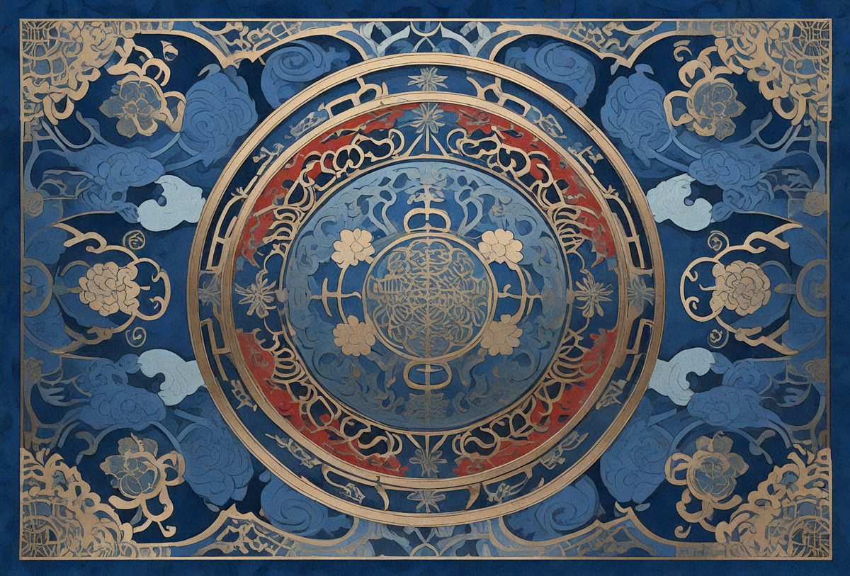 The image features a blue background with a circular design in gold and gold. The background is decorated with a floral pattern, which is surrounded by a circular frame. The frame is surrounded by a gold border, which adds a touch of elegance to the overall design. The frame is positioned in the middle of the image, with the floral pattern extending from the left side of the frame. The frame is placed in the middle of the image, with the floral pattern extending from the left side of the frame. The frame is placed in the middle of