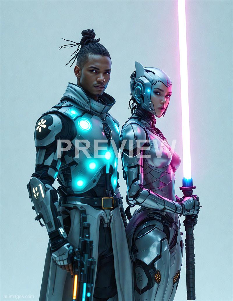 The image features two individuals dressed in futuristic, high-tech armor, standing side by side against a plain, light-colored background with a glowing vertical pink line on the right. The man on the left has dark skin, styled dreadlocks tied up in a bun, and a serious expression, while the woman on the right has a fair complexion, short hair, and is holding a glowing pink lightsaber-like weapon, both wearing armor with glowing blue accents and intricate designs.
