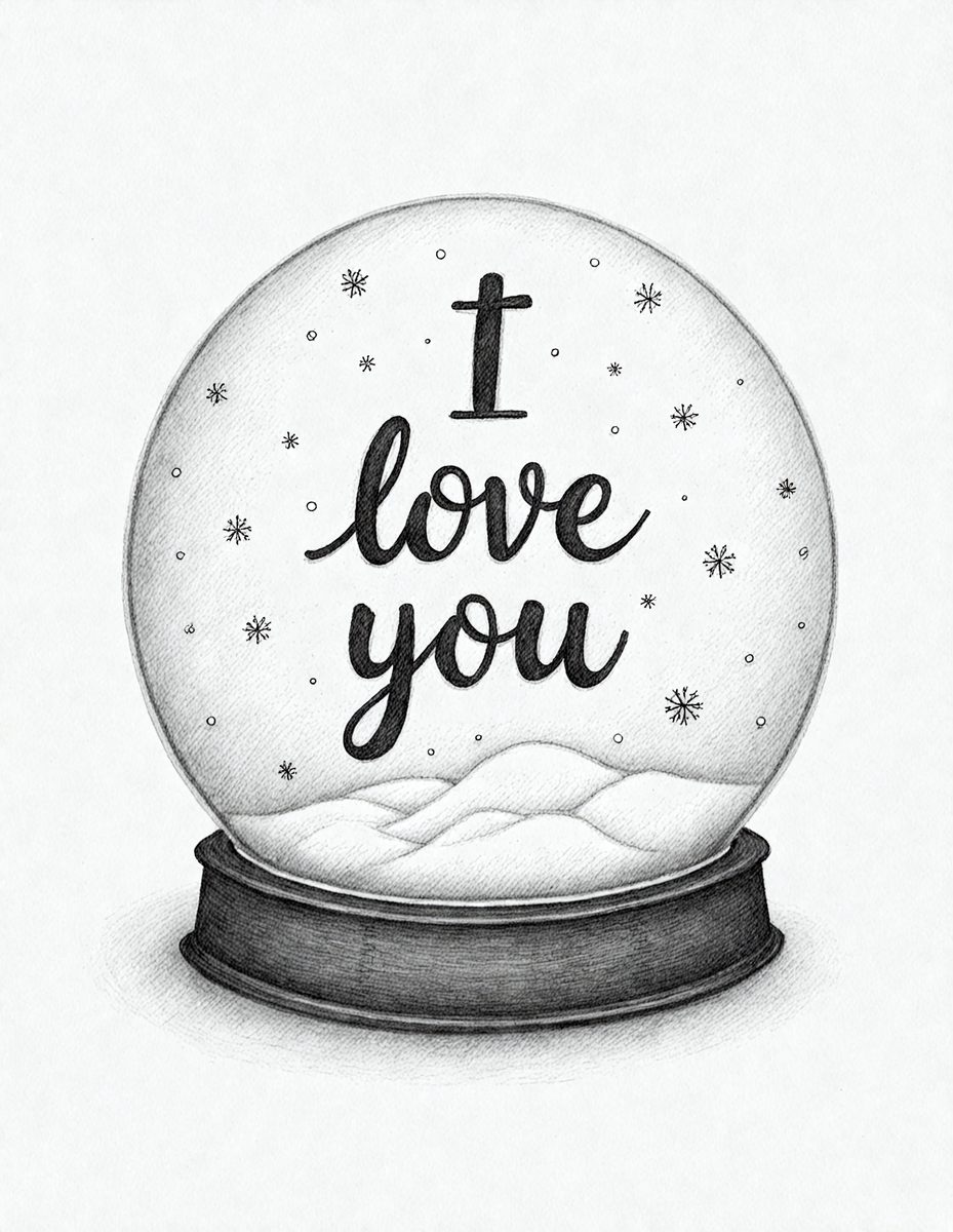 The image features a snow globe with the words "I love you" written on it. The drawing is in black and white, with a white background and a white snow globe in the foreground. The drawing is surrounded by snowflakes, which adds to the overall ambiance of the image. The snow globe is placed in the middle of the image, with the inscription "I love you" visible in the background. The drawing is a great example of a traditional black and white drawing, which is a popular art form.