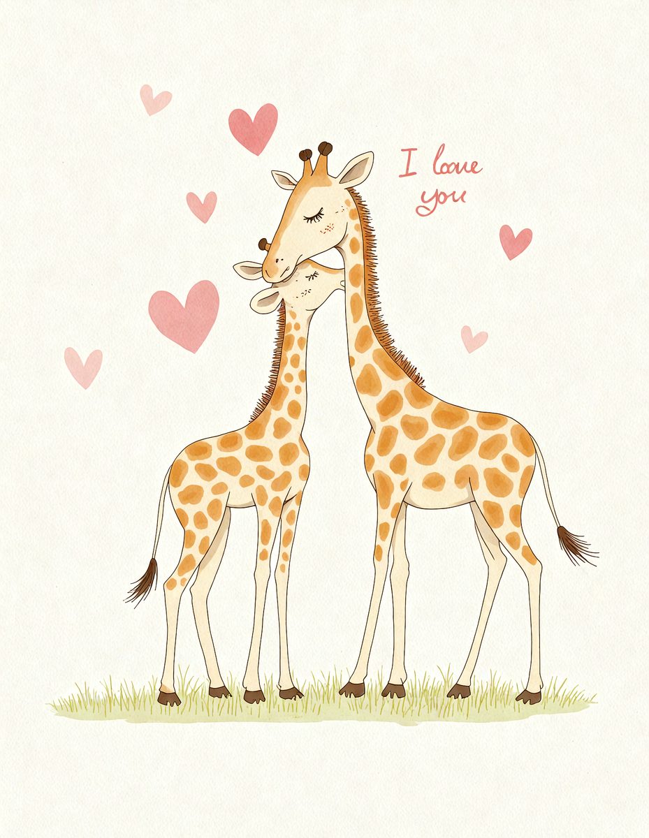 The image features two giraffes standing together in a grassy field. The background is decorated with red hearts, which are arranged in a heart-shaped pattern. The giraffes are positioned in a natural setting, with the background displaying a natural and peaceful scene. The image is a beautiful representation of the bond between two giraffes, a symbol of love and friendship.