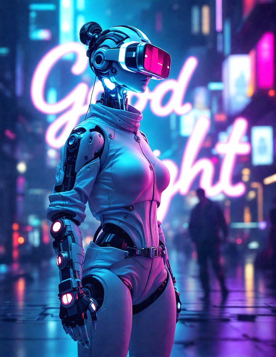 The image features a woman in a futuristic outfit walking down a city street with a neon sign reading "Good Night" in the background. The woman is wearing a futuristic outfit with a robotic headpiece and a robotic arm, which is positioned in the middle of the street. There are several other people in the scene, including a man and a woman, indicating that the scene is a night scene. The background is composed of dark colors, with neon lights and a dark background. The woman is wearing a futuristic outfit with