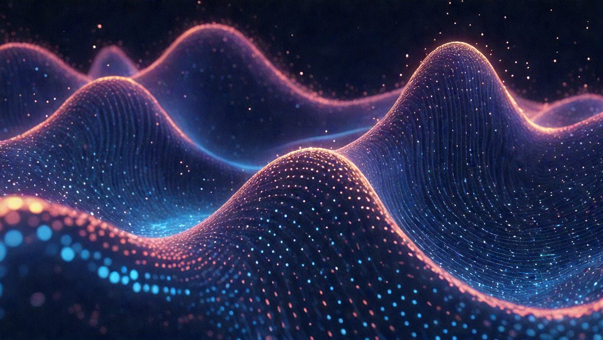 The image features a colorful, abstract wave pattern with a dark background. The wave pattern is composed of multiple wavy lines, which are arranged in a circular pattern. The waves are positioned in a circular pattern, with some of them positioned closer to the viewer and some further away. The background is composed of dark blue and orange tones, which create a dark and mysterious atmosphere. The waves are positioned in a circular pattern, with some of them positioned closer to the viewer and some further away. The background is composed of dark blue and orange