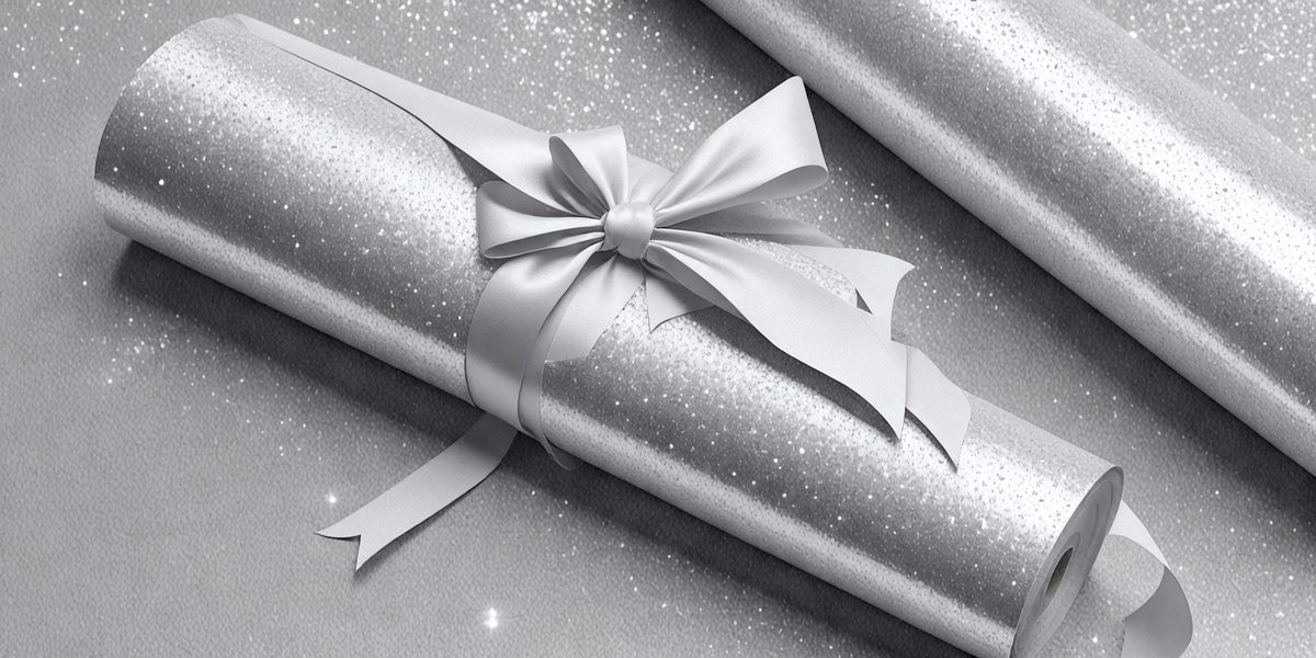 The primary subject of the image is a white bow, which is tied around a package. The setting is a silver background, and the visual style appears to be a photo. The colors and mood of the image are predominantly white, giving it a clean and elegant appearance.