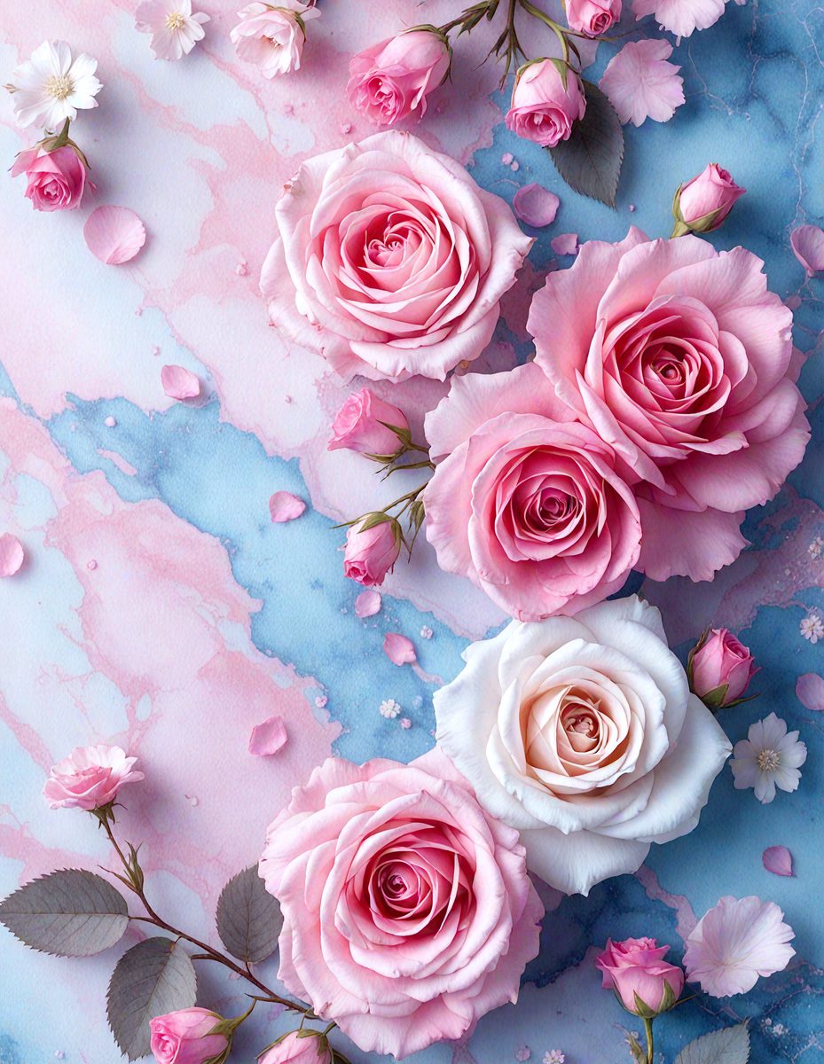 The image features a pink and white bouquet of roses on a blue and pink marble background. The roses are arranged in a cluster, with some of them positioned closer to the viewer. The arrangement is complemented by a few leaves, which add to the overall beauty of the scene. The roses are arranged in a cluster, with some of them positioned closer to the viewer. The arrangement is a beautiful example of floral art, with a delicate and romantic style.