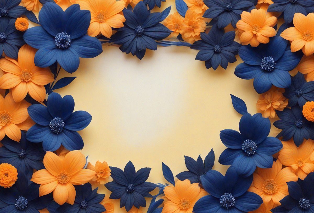 The primary subject of the image is a large, colorful floral arrangement. The setting is a yellow background, which provides a contrasting backdrop for the vibrant flowers. The visual style is a combination of photo and digital art, creating a realistic yet artistic representation of the flowers. The dominant colors in the image are blue, orange, and yellow, creating a lively and cheerful atmosphere.