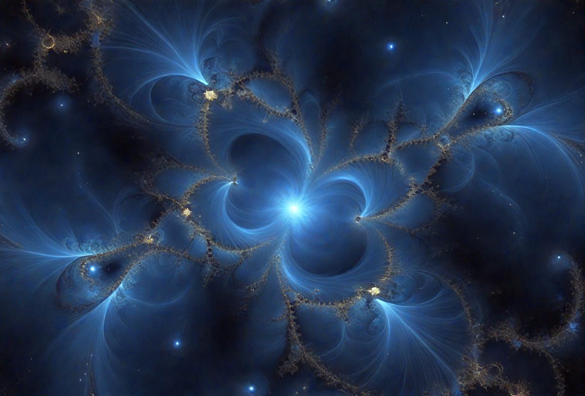 The primary subject of the image is a blue and white spiral pattern, which appears to be a digital art or illustration. The setting is a dark, starry background, which adds to the overall mood of the image. The visual style is a combination of digital art and illustration, creating a unique and captivating scene. The colors and mood of the image are predominantly blue and white, with a touch of starry darkness, giving it a serene and celestial atmosphere.