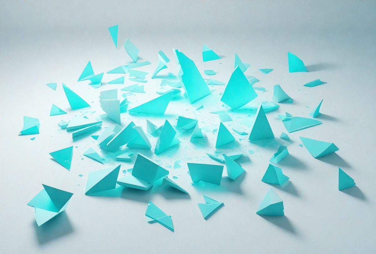 The primary subject of the image is a collection of blue triangles, which are scattered across a white surface. The setting appears to be a white background, which provides a clean and minimalistic environment for the triangles. The visual style of the image is a combination of digital art and illustration, as the triangles are created using a computer-generated design. The dominant colors in the image are blue and white, giving the scene a calm and serene atmosphere.