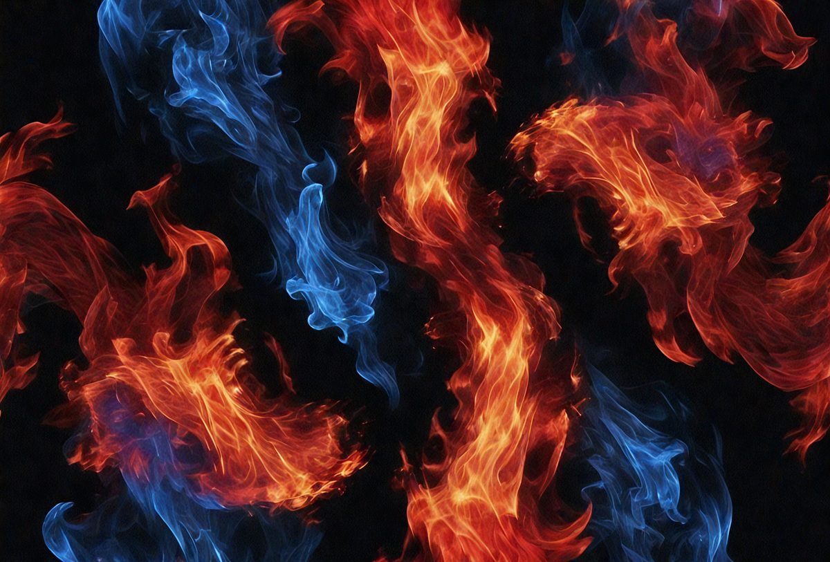 The primary subject of the image is a fire, with flames and smoke visible in the foreground. The setting is a dark background, which contrasts with the bright colors of the fire. The visual style is a combination of a photo and digital art, creating a unique and captivating scene. The colors and mood of the image are predominantly warm and intense, with the fire's vibrant hues and the overall atmosphere of the scene.