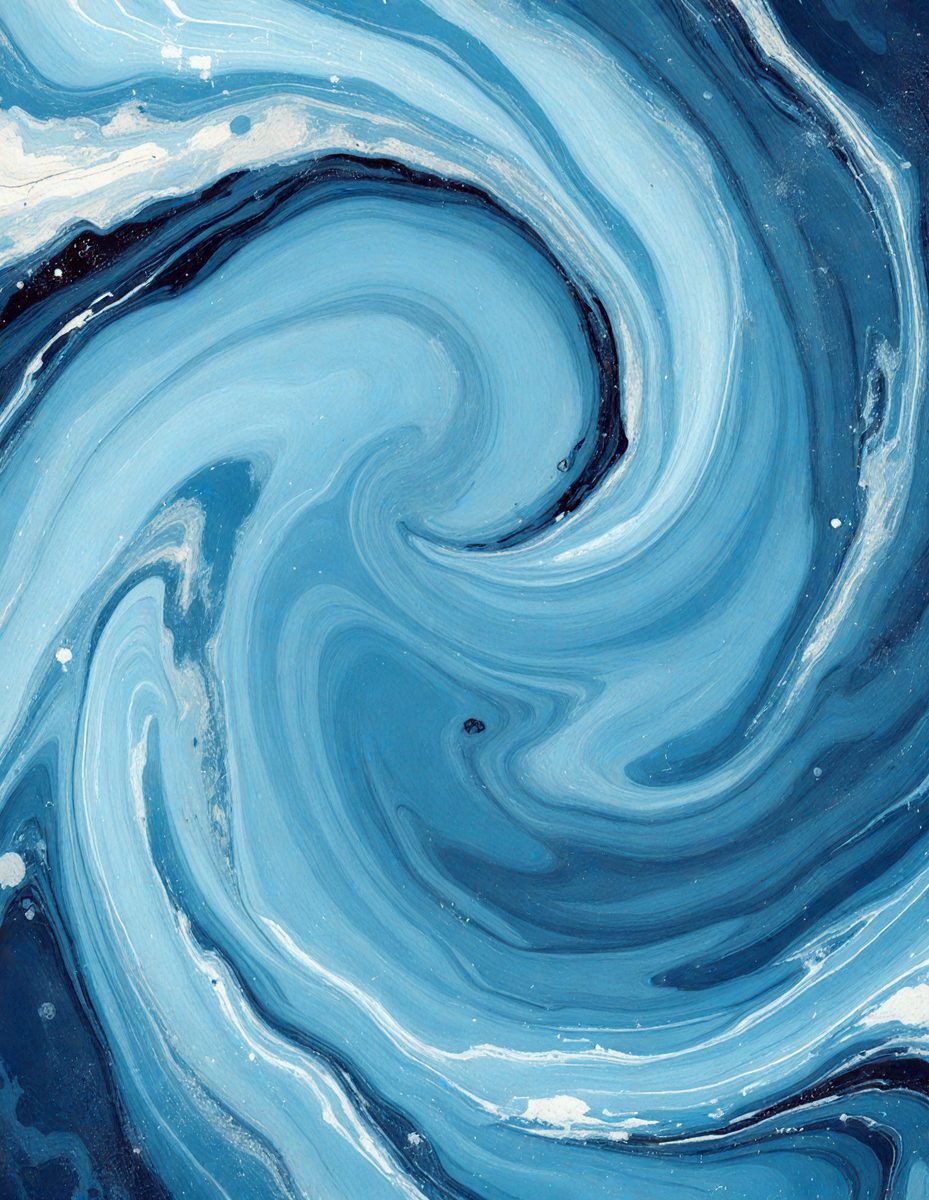 The primary subject of the image is a blue spiral pattern, which is the main object, scene, or focus of the image. The setting or background features a blue and white swirl, creating a visually appealing and dynamic scene. The visual style of the image is a combination of photo and digital art, as it appears to be a close-up of a spiral pattern. The dominant colors in the image are blue and white, giving it a calming and soothing atmosphere.