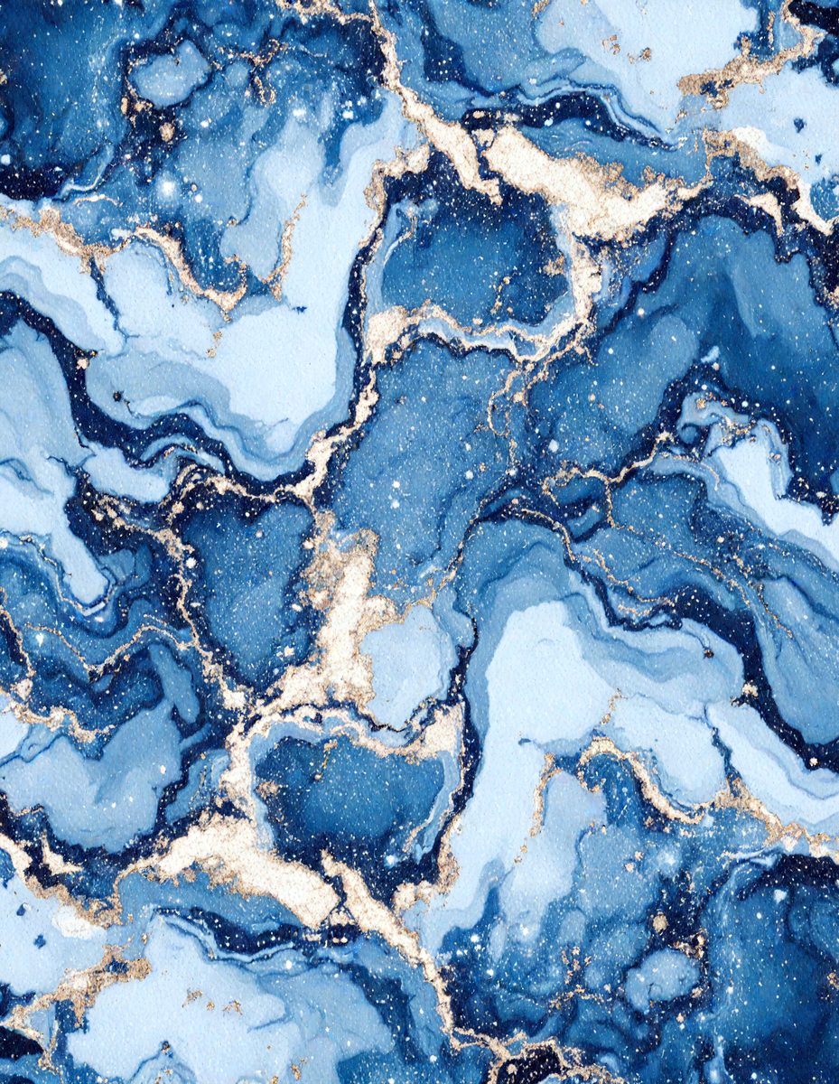 The primary subject of the image is a blue and gold marbled pattern, which is the main object, scene, or focus of the image. The setting or background features a blue and gold marbled surface, which is the environment, backdrop, or surface visible in the image. The visual style of the image is a digital art or illustration, as it is a digital representation of the marbled pattern. The dominant colors in the image are blue and gold, creating a rich and luxurious atmosphere.