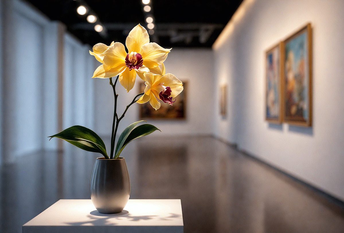 The primary subject of the image is a vase filled with yellow and purple orchids. The vase is placed on a white table, which serves as the setting for the scene. The visual style of the image is a photo, capturing the beauty of the orchids in their natural environment. The colors and mood of the image are predominantly yellow and purple, creating a warm and inviting atmosphere.